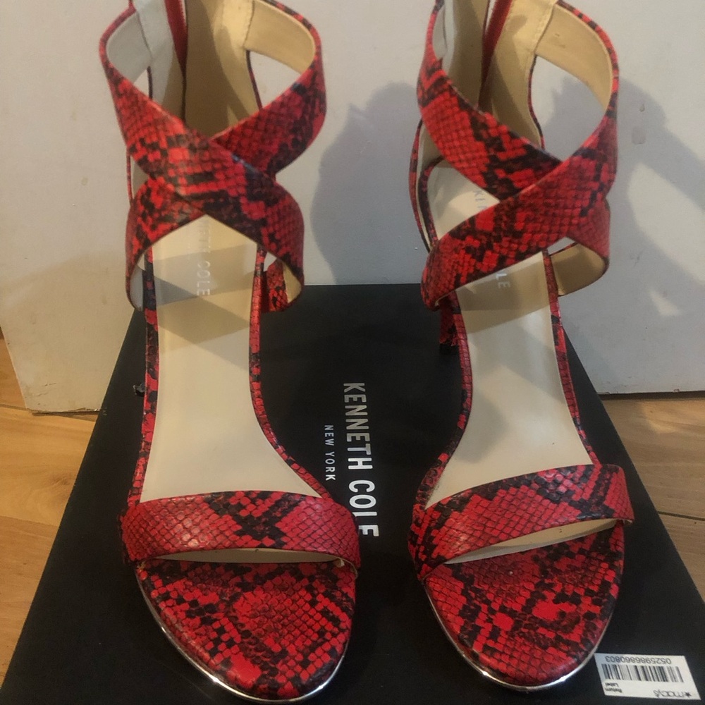 Kenneth Cole Red Strappy Heels with Snakeskin Texture